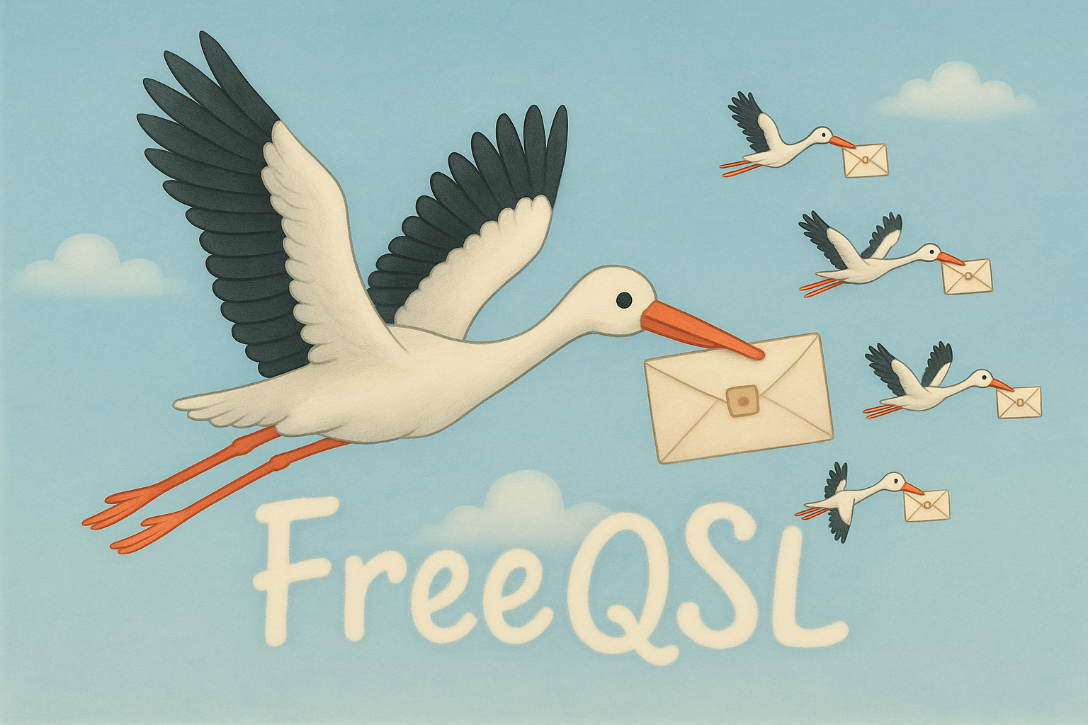 Flock of storks carrying QSL cards to radio amateurs